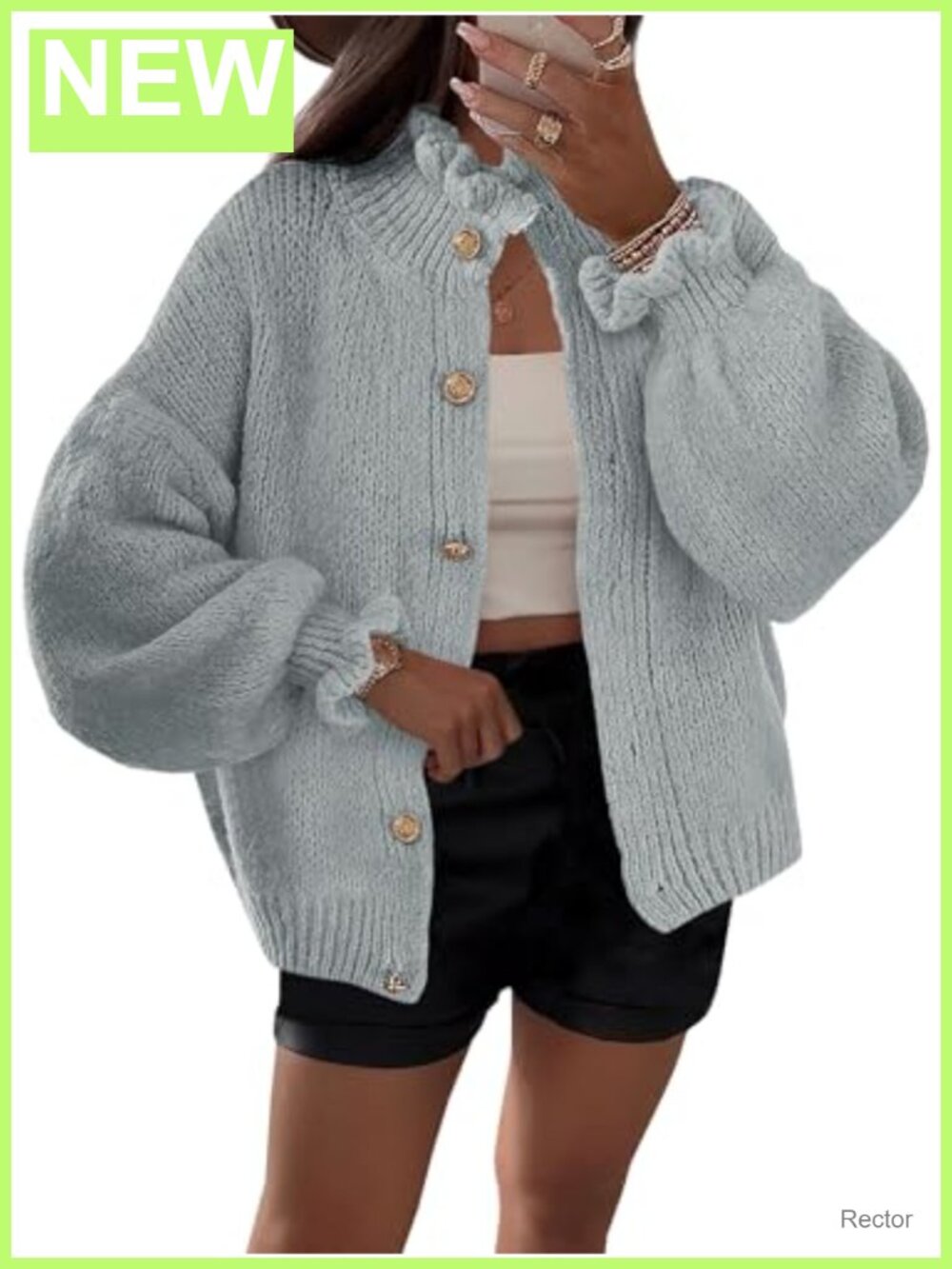 Ruffle Oversized Ribbed Knit Button Up Cardigan Open Front Long Sleeve Sweater